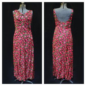 VTG 1970's Pink & Peach Floral Print Sleeveless Maxi Dress Draped Neckline MED